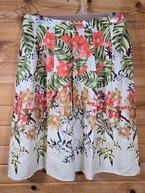 Talbots Floral A-Line Skirt Womens 8P White Linen Cotton Lined Knee Length Zip